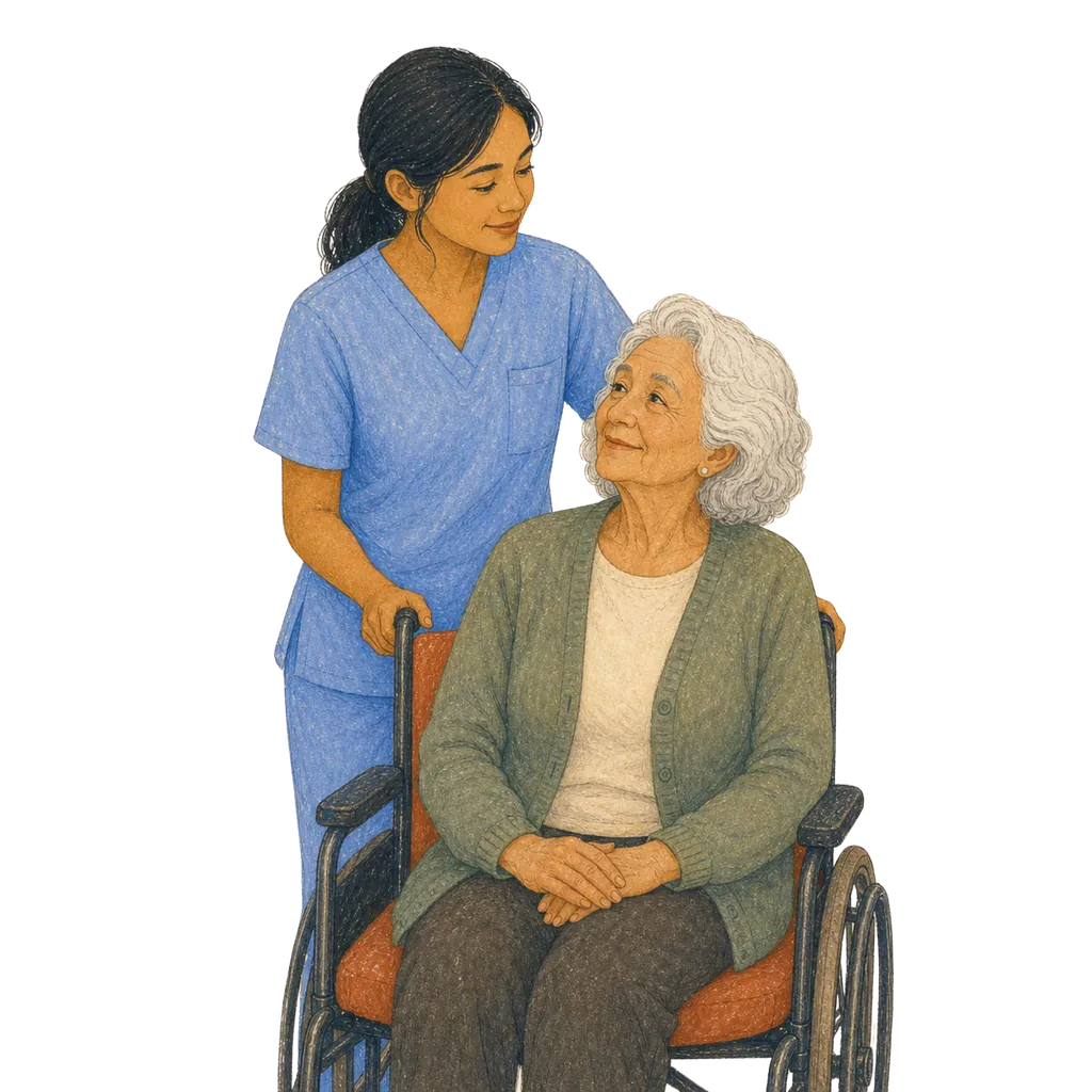 Illustration of a certified nursing assistant caring for an elderly patient, CNA classes in Colorado