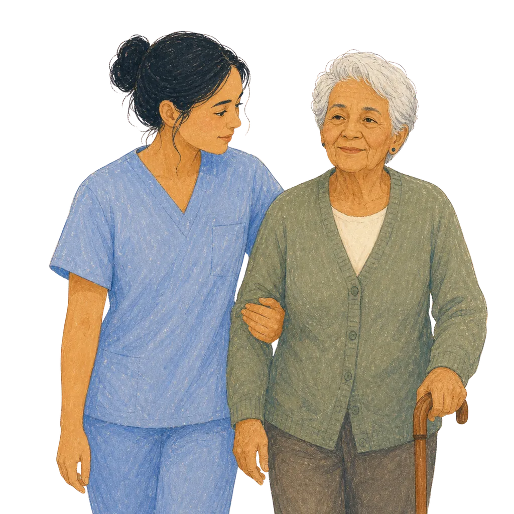 Illustration of a certified nursing assistant caring for an elderly patient, CNA classes in Delaware