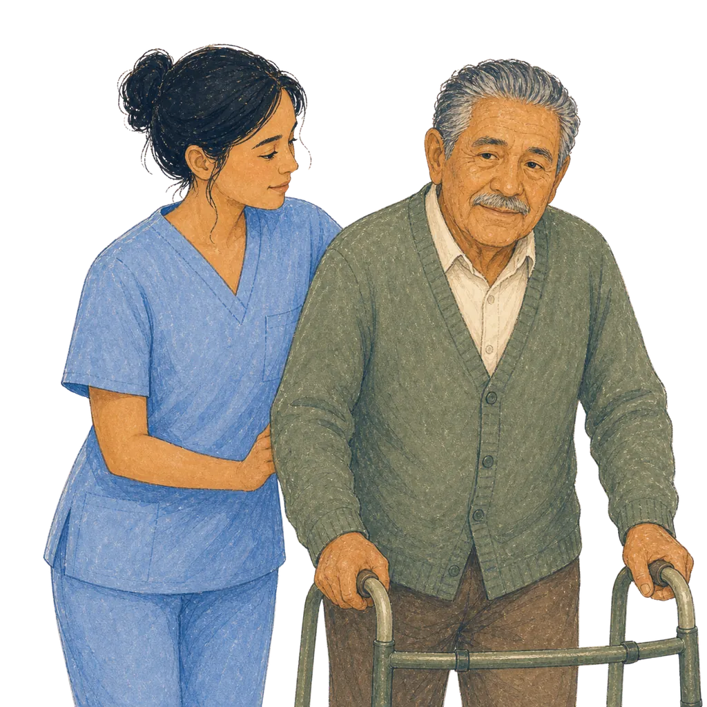 Illustration of a certified nursing assistant caring for an elderly patient, CNA classes in Florida