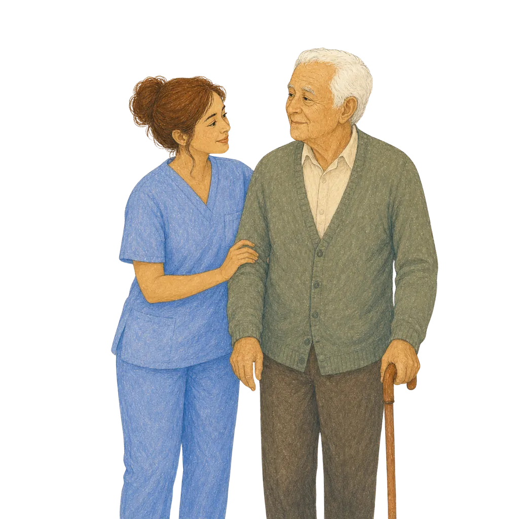 Illustration of a certified nursing assistant caring for an elderly patient, CNA classes in Hawaii