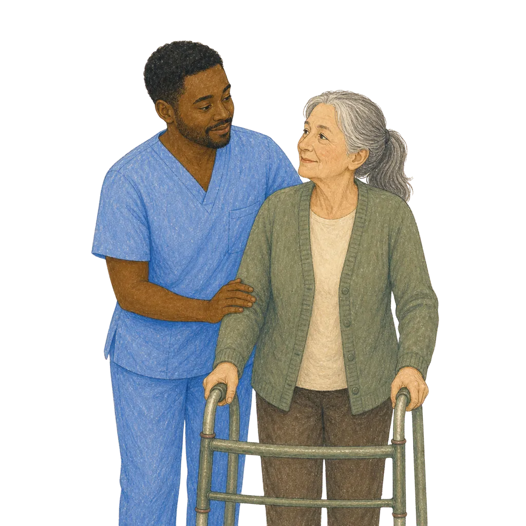 Illustration of a certified nursing assistant caring for an elderly patient, CNA classes in Idaho
