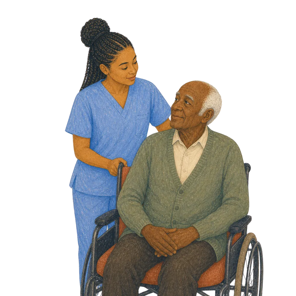 Illustration of a certified nursing assistant caring for an elderly patient, CNA classes in Illinois