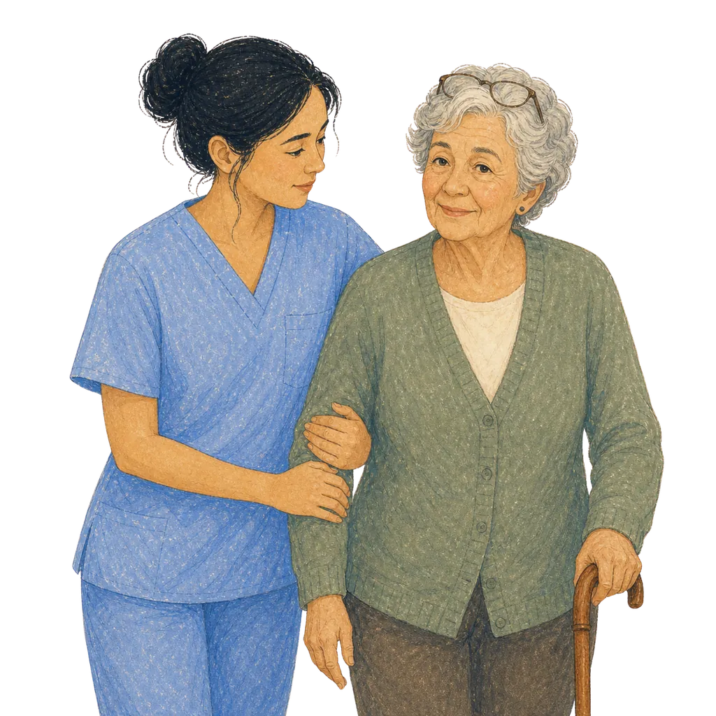 Illustration of a certified nursing assistant caring for an elderly patient, CNA classes in Indiana