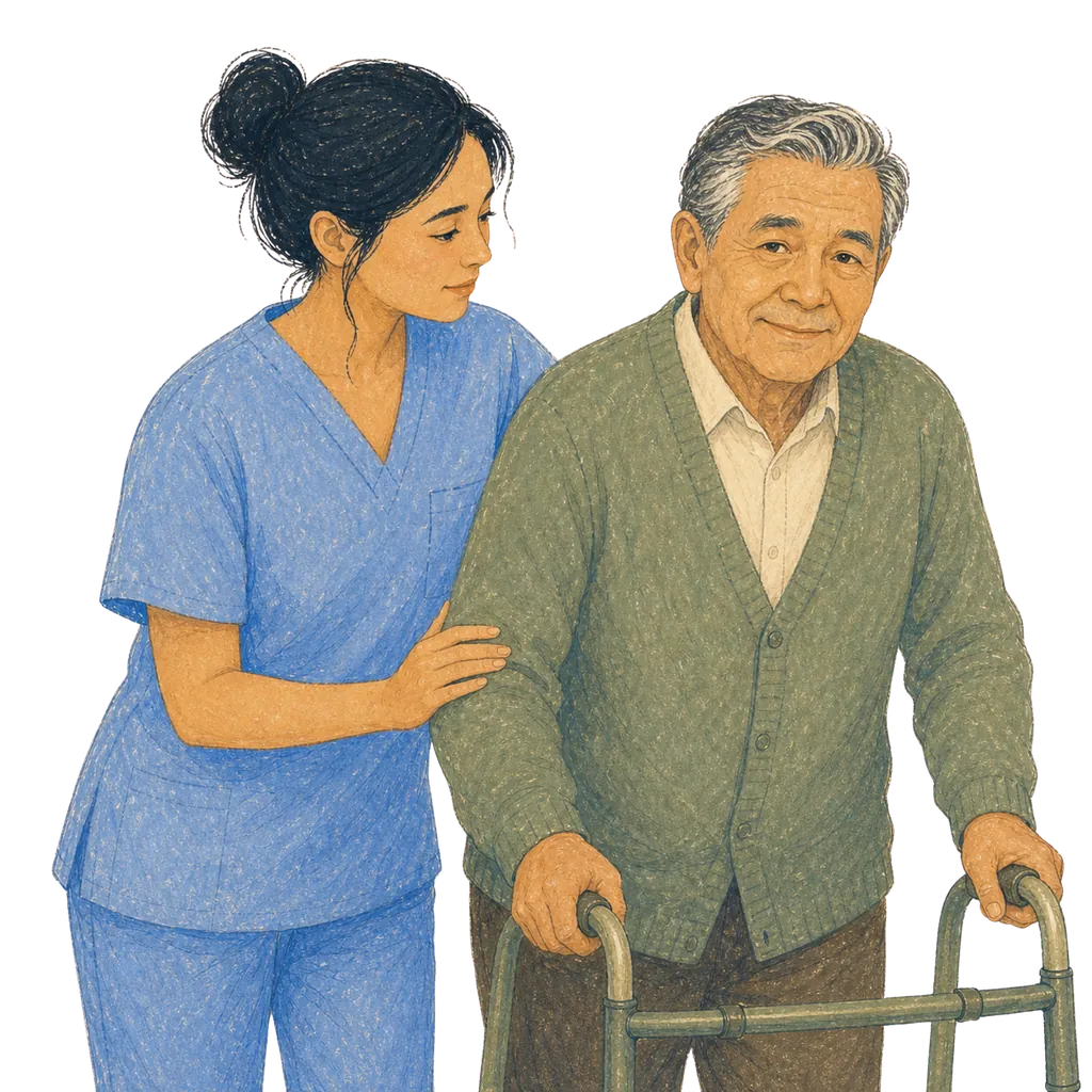 Illustration of a certified nursing assistant caring for an elderly patient, CNA classes in Iowa
