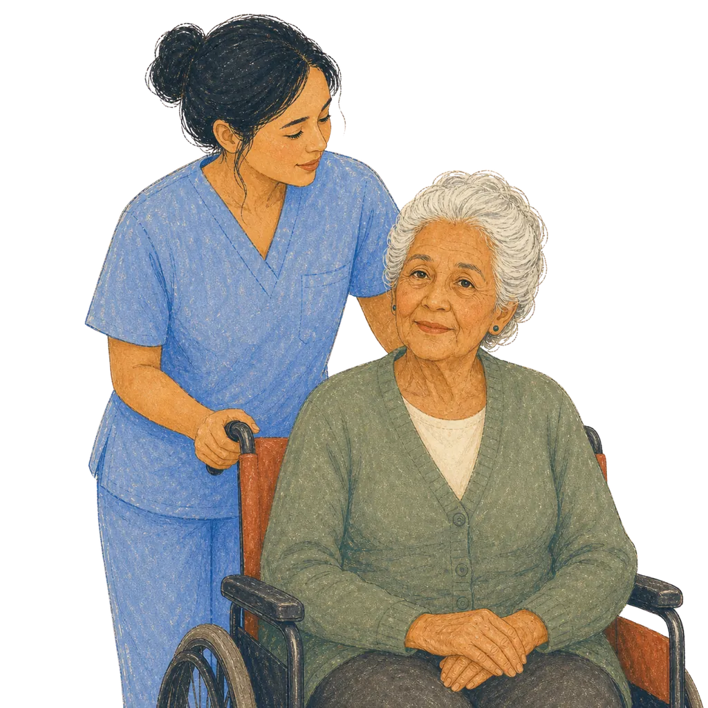Illustration of a certified nursing assistant caring for an elderly patient, CNA classes in Kansas