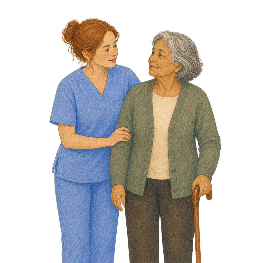 Illustration of a certified nursing assistant caring for an elderly patient, CNA classes in Louisiana
