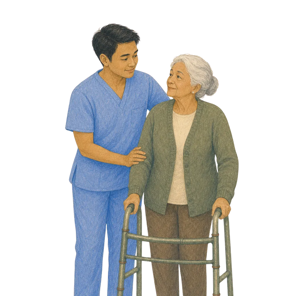 Illustration of a certified nursing assistant caring for an elderly patient, CNA classes in Maine