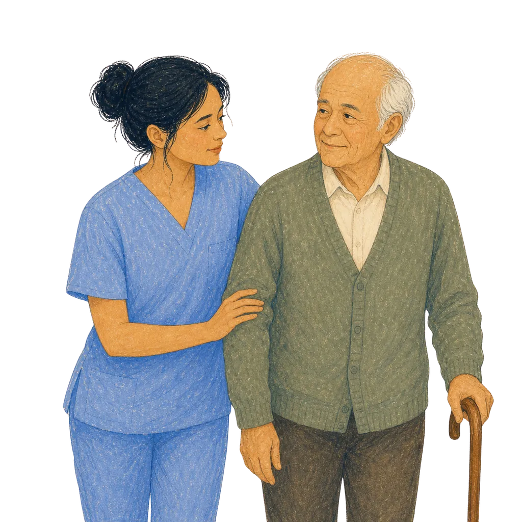 Illustration of a certified nursing assistant caring for an elderly patient, CNA classes in Maryland