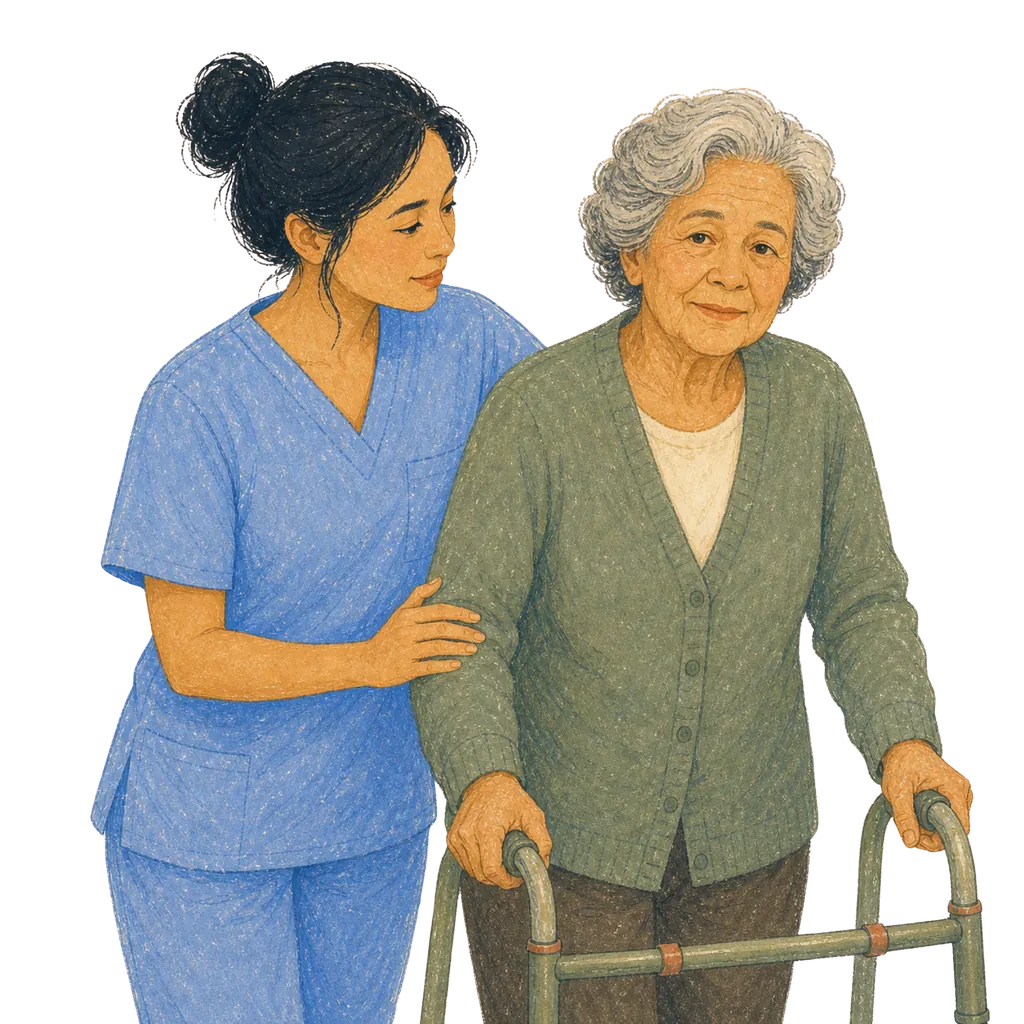 Illustration of a certified nursing assistant caring for an elderly patient, CNA classes in Massachusetts