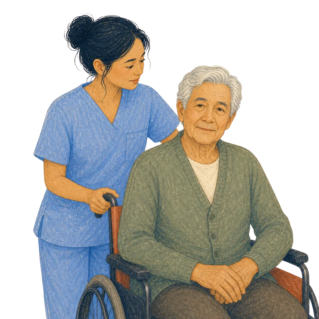 Illustration of a certified nursing assistant caring for an elderly patient, CNA classes in Michigan