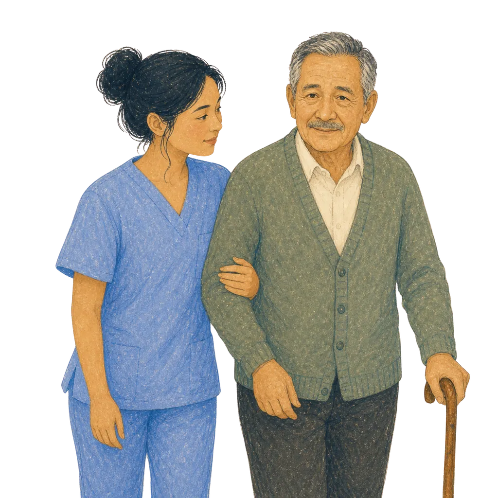 Illustration of a certified nursing assistant caring for an elderly patient, CNA classes in New York