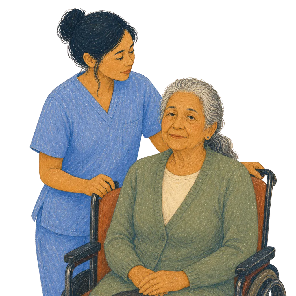 Illustration of a certified nursing assistant caring for an elderly patient, CNA classes in North Dakota