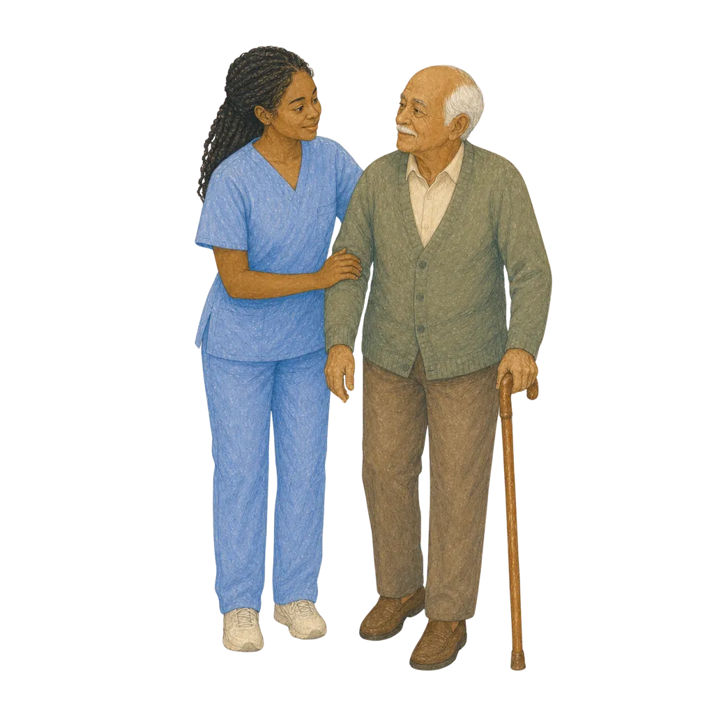 Illustration of a certified nursing assistant caring for an elderly patient, CNA classes in Ohio