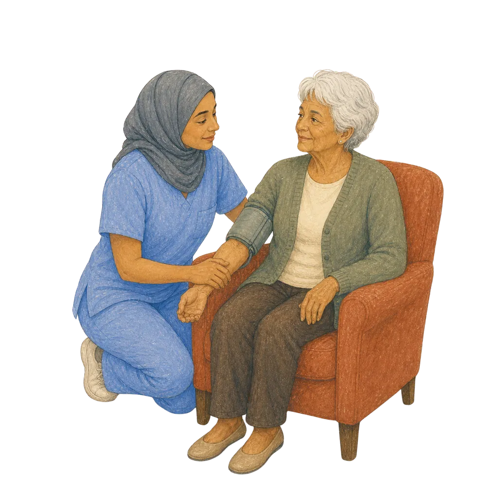 Illustration of a certified nursing assistant caring for an elderly patient, CNA classes in South Dakota