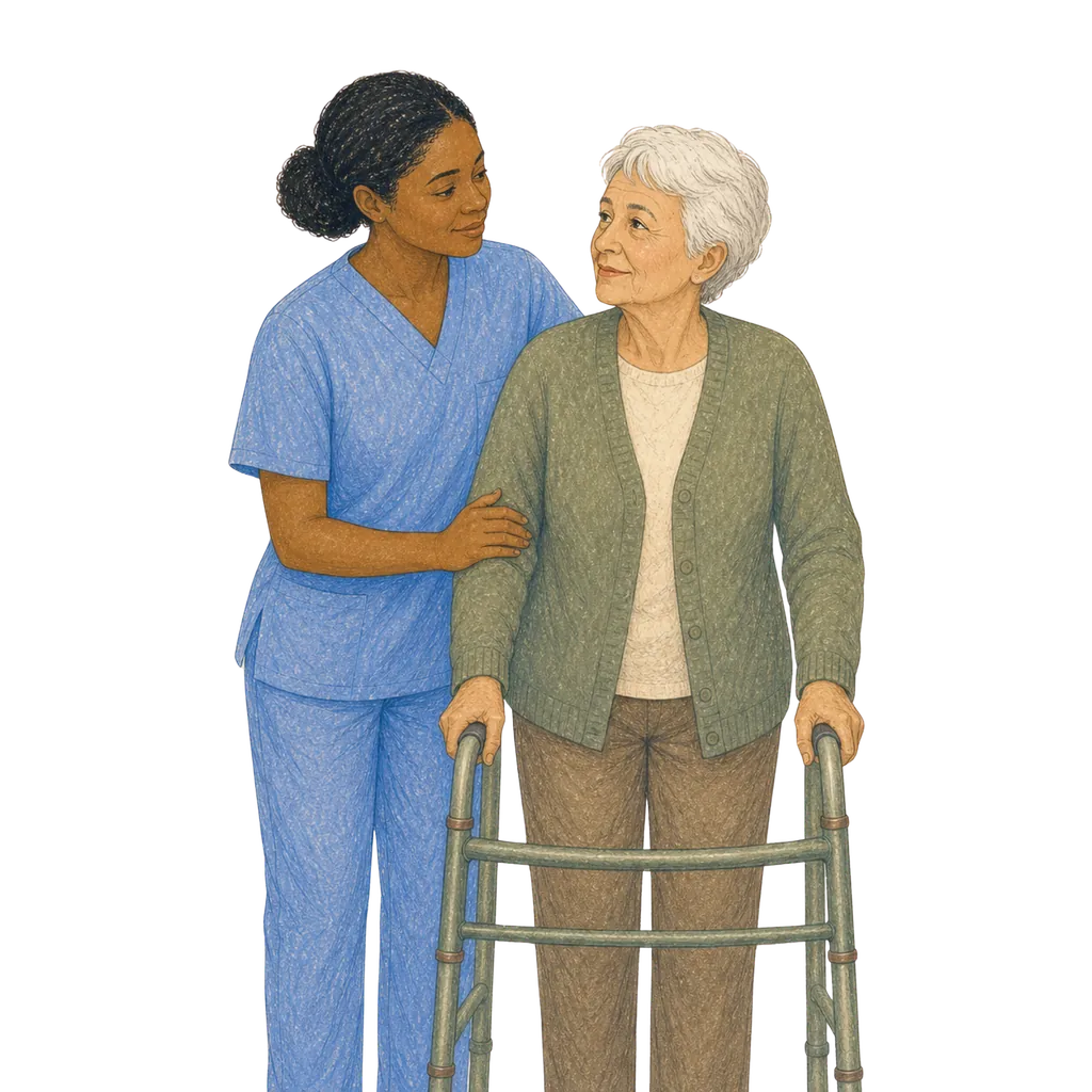 Illustration of a certified nursing assistant caring for an elderly patient, CNA classes in Texas