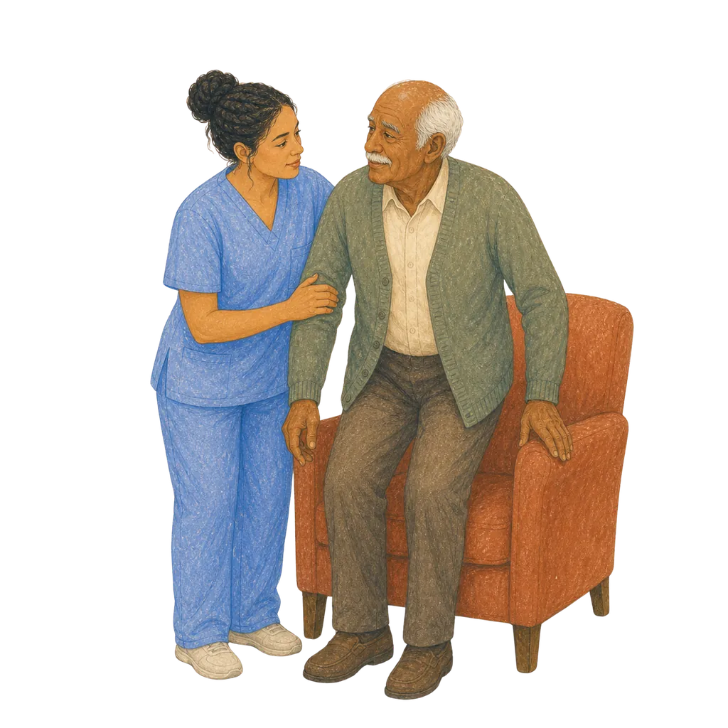 Illustration of a certified nursing assistant caring for an elderly patient, CNA classes in Washington
