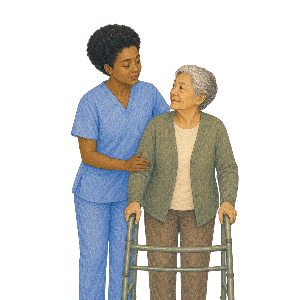 Illustration of a certified nursing assistant caring for an elderly patient, CNA classes in Wisconsin