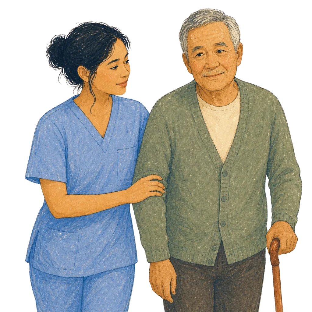 Illustration of a certified nursing assistant caring for an elderly patient, CNA classes in Wyoming