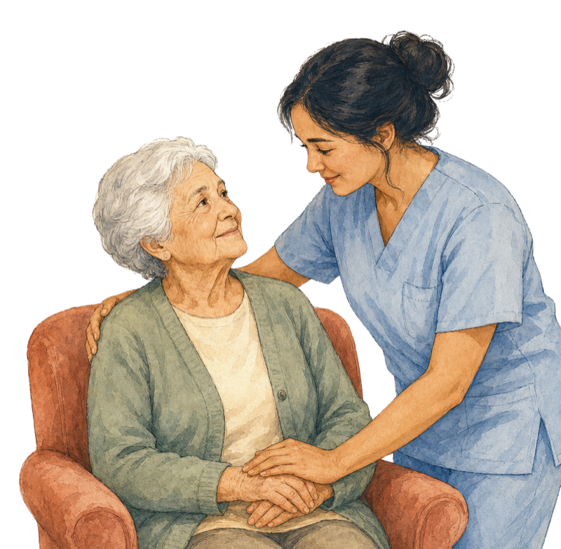 A certified nursing assistant warmly holding the hands of an elderly patient seated in an armchair